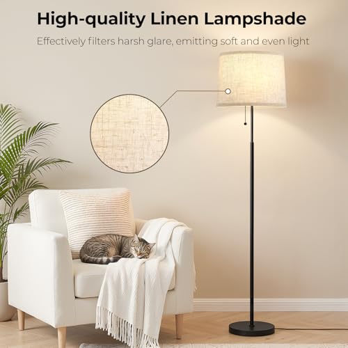Floor Lamps for Living Room & Bedroom, 60" Modern Tall Standing Lamp, 3CCT - color: Linen T-Shades+Black Pole