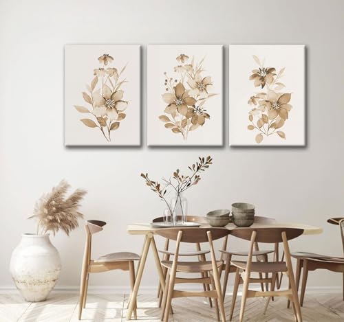 Neutral Botanical Canvas Wall Art Set of 3, Beige Floral Prints, 12x16 - color: monochrome flowers and plants, size: 12x16 inch