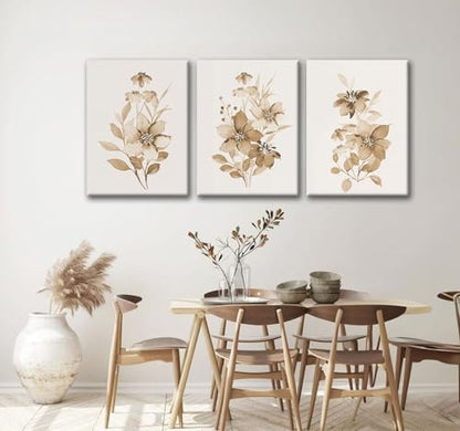 Neutral Botanical Canvas Wall Art Set of 3, Beige Floral Prints, 16x24 - color: monochrome flowers and plants, size: 16x24 inch