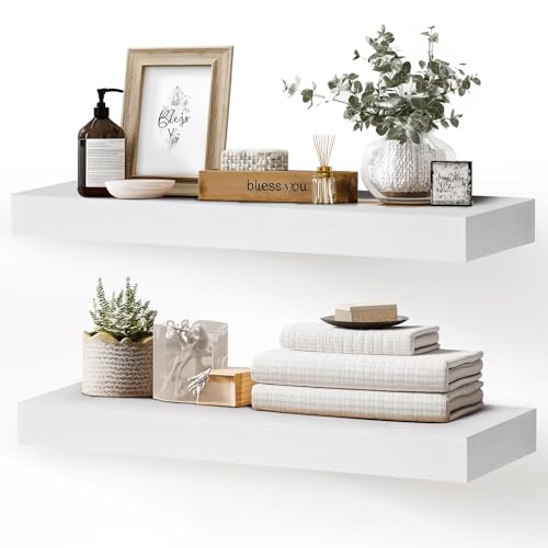 Solid Wood Floating Shelves, 24 Inch Wall Shelves, Set of 2, White - color: White, size: 24x8x1.6