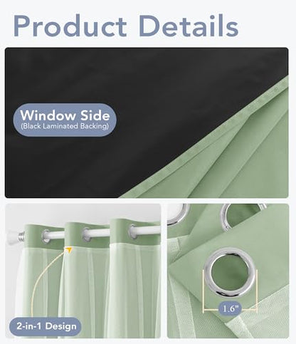 100% Blackout Curtains with Sheer Overlay, Sage, 52 x 84 inch, 2 Panels - color: Sage Green, size: 52"W x 84"L (Pack of 2)