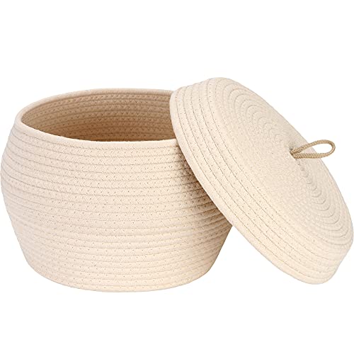 Sea Team Round Woven Cotton Rope Storage Basket with Lid, Cream - color: Cream, size: Large