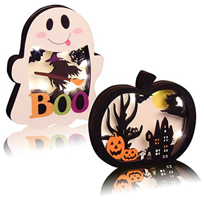 CCINEE 2pcs Halloween Lighted Wooden Table Decoration, Ghost Pumpkin Tabletop Centerpieces LED Boo Spooky Sign for Trick or Treat Halloween Party Dinner Coffee Table Topper Tier Tray Room Decor