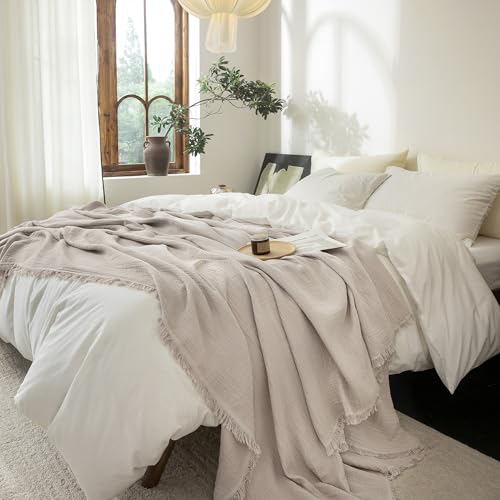 FOSSA Muslin Blanket 4-Layer 100% Cotton Gauze Blanket with Fringe 90"x90" - color: Beige Gray, size: Queen (90" × 90")
