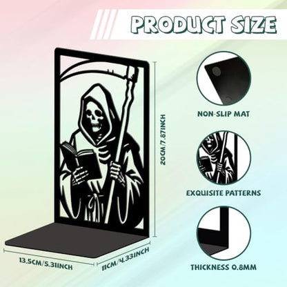 Peacoblue 5.3"x4.3"x7.9" Metal Bookends, Heavy Duty Book Ends for Shelves - style: Grim Reaper Reading Book with Sickle