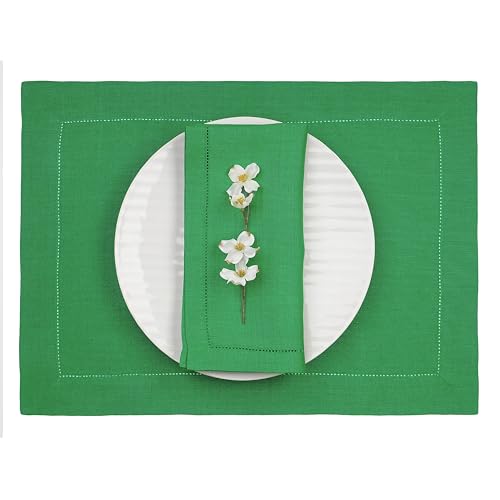 D'Moksha Homes Linen Placemats Set of 4 - Classic Hemstitch Kelly Green Placemats 14 x 19 Inch - 100% Pure Linen Table Mats - Handcrafted and Machine Washable - color: Kelly Green, size: Set of 4 (14 X 19 Inch)