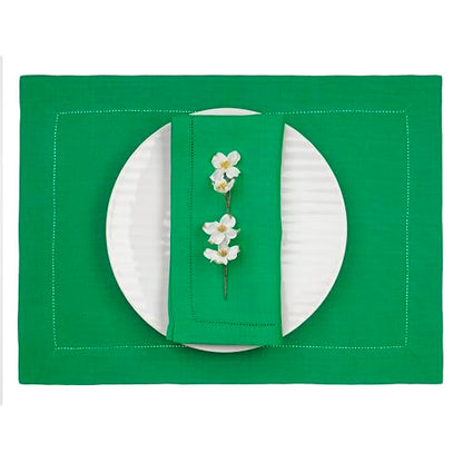 D'Moksha Homes Linen Placemats Set of 4 - Classic Hemstitch Kelly Green Placemats 14 x 19 Inch - 100% Pure Linen Table Mats - Handcrafted and Machine Washable - color: Kelly Green, size: Set of 4 (14 X 19 Inch)