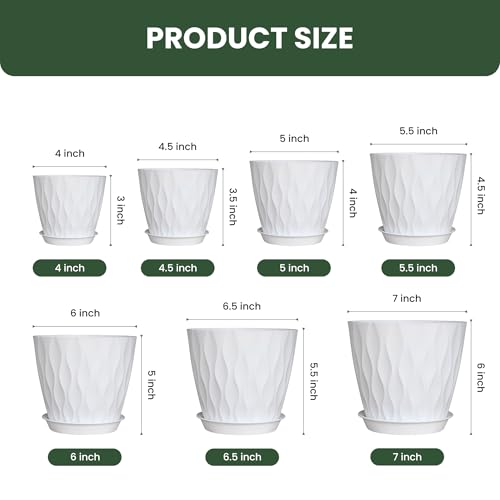 Plant Pots, Plastic Flower Pots for Indoor & Outdoor Plants, Planters with Drainage Holes and Saucer, Garden Pot for Plants (White 7/6.5/6/5.5/5/4.5/4 inch) - color: White 7/6.5/6/5.5/5/4.5/4 Inch