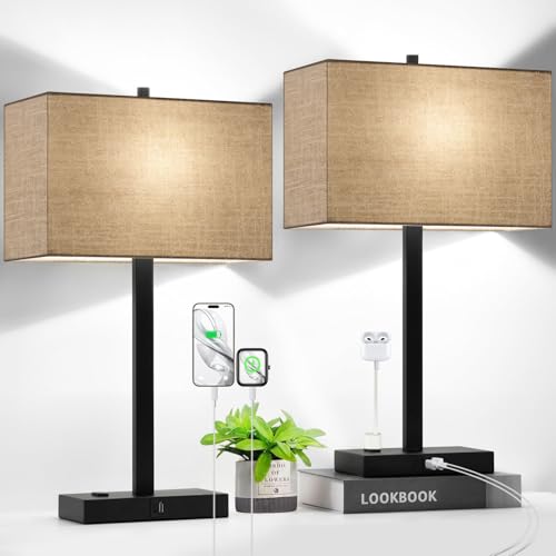 21" Set of 2 Table lamp with USB A+C & AC Outlets, Touch Control 3-Way Dimmable Nightstand Lamps for Bedroom Living Room Office Reading, Champagne Gold Shade Touch Lamps, 5000K LED Bulbs Included - color: Champagne Gold & Matte Black
