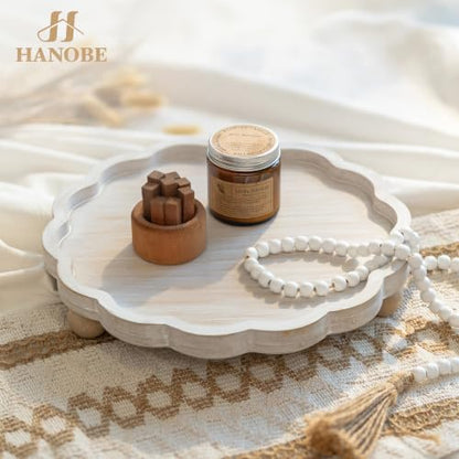 Hanobe Wood Decorative Tray for Home Decor, Round Candle Holder Plate 11.6"