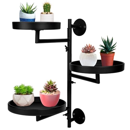 Rotating Window Plant Shelves with Adjustable Knobs, 3 Tiers Metal Wall Shelf for Plants Indoor, Sturdy Hanging Plant Holder, Window Wall Decor & Gardening Gifts (Black)