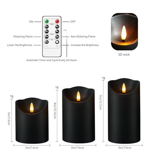 Nimiko Flameless Candles with Remote, Battery Operated Flickering Flameless Candles, LED Candles with Timer 2/4/6/8H, with Realistic LED Candles Set of 24 (D3 x H 3" 4" 5") (Black) - color: Black-24