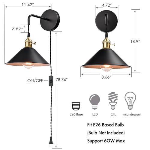 Hanging Height Adjustable Wall Sconce, Black 2-Pack - color: Plug in Black*2Pcs