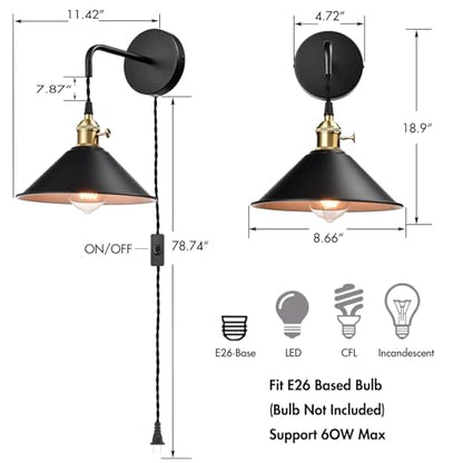 Hanging Height Adjustable Wall Sconce, Black 2-Pack - color: Plug in Black*2Pcs