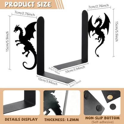 Metal Bookends Dragon Book Ends for Shelves - color: Black - 1 Pair Dragon