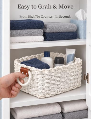 Small Wicker Baskets, 3 PCS Paper Rope Baskets for Shelves, White - color: White
