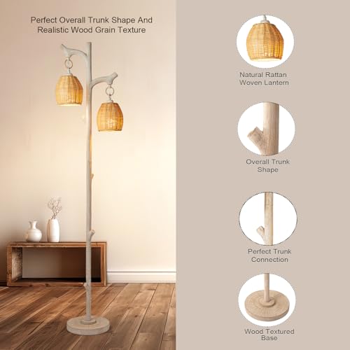Scenekoy 68" Tall Floor Lamp with Wicker Drum Shade, Foot Switch Dimming - color: Washed White