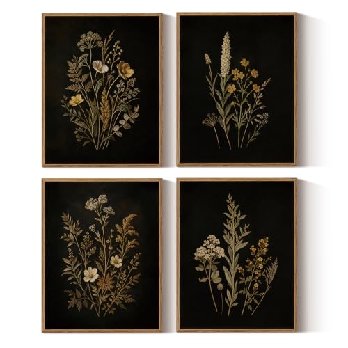 InSimSea Framed Botanical Wall Art, 4 Piece Moody Wildflower Prints - color: Dark Flora Triptych