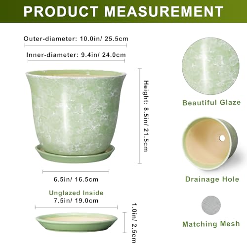 Ceramic Pots for Plants - 10 Inch Plant Pot for Indoor Outdoor, Round Planter with Drainage Hole and Saucer, Decorative Plant Pots, Modern Flower Pot, Home Porch Decor, Garden Gifts, Green - color: Gemstone Apple Green, size: 10 Inch
