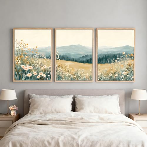 3Pcs Meadow Wildflower Landscape Canvas Wall Art Natural Mountain Prints - color: Mountain Landscape, size: 16x24 Inches