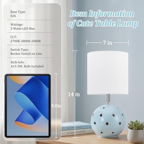 Small Table Lamp, 14" Blue Ceramic Bedside Lamp for Girls Kids Bedroom,Dorm - color: Blue