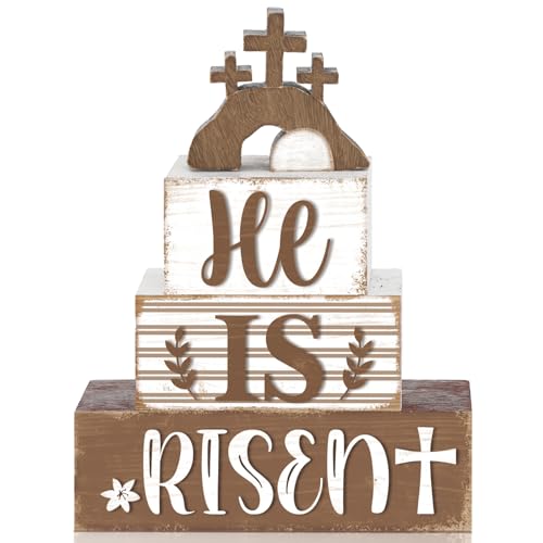 4 Pcs Easter Table Decorations Wooden Table Sign Religious Wood Centerpieces Bunny Blocks Farmhouse Spring Tiered Tray Decor for Home Kitchen Shelf(Rustic Cross) - style: Rustic Cross