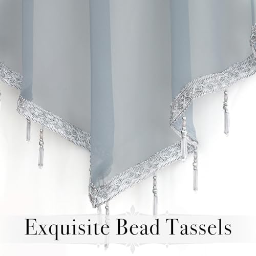 WUBODTI Grey Sheer Beaded Valance Curtains for Windows, Boho Bead Tassels Voile Kitchen Swag Curtain Triangle Sheer Valances Window Valances for Bedroom Living Room Bathroom,3PCs, Each W51 x L24 - color: Grey