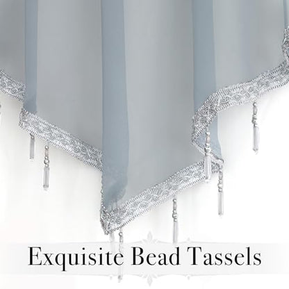 WUBODTI Grey Sheer Beaded Valance Curtains for Windows, Boho Bead Tassels Voile Kitchen Swag Curtain Triangle Sheer Valances Window Valances for Bedroom Living Room Bathroom,3PCs, Each W51 x L24 - color: Grey