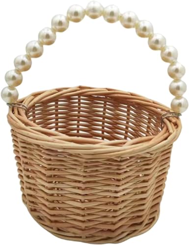 Rustic Wicker Rattan Wedding Flower Girl Baskets,Woven Rattan Storage Basket with Pearl Handles,Woven Eggs Candy Basket for Wedding Home Garden Decor (H1) - color: H1