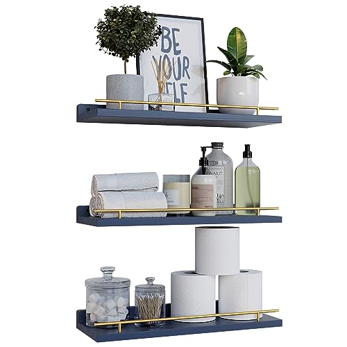 WOPITUES Floating Shelves for Wall Decor Set of 3, Gold in Navy Blue - color: Gold in Navy Blue, size: 15.7 inch