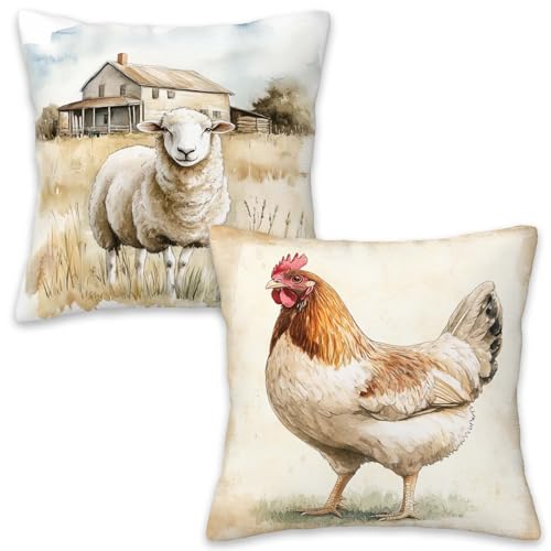 Sheep Chicken Throw Pillow Covers 18x18 Set of 2 | Vintage Farm Animal Decorative Cushion Covers | Rustic Farmhouse Pillowcases for Couch Sofa Kitchen Living Room Country Home Decor - color: Chicken Sheep
