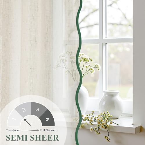 DriftAway Semi Sheer Scalloped Edge Linen Coastal Beach Window Curtains for Living Room Bedroom 2 Panels Rod Pocket Each Size 52 Inch by 96 Inch Loden Green - color: Linen Loden Green, size: 52"W x 96"L (Pack of 2)
