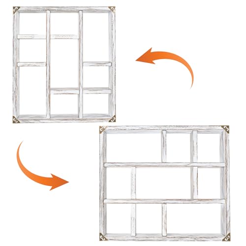 17.7x15.7-Inch Shadow Box Shelf 9-Slot Rustic Floating Shelves Larger Wall Mounted Shelf Lightweight Solid Wood Display Shelf Freestanding Farmhouse(9C-Rustic White) - color: 9c-rustic White, size: 1 PCS