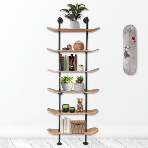 Industrial Pipe Bookcase, 6 Tier Shelf, Natural Wood Stain Finish - size: 6 Tier Shelf