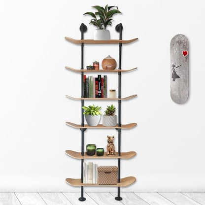 Industrial Pipe Bookcase, 6 Tier Shelf, Natural Wood Stain Finish - size: 6 Tier Shelf