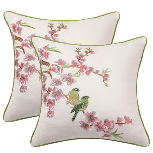 Holibeat Spring Embroidered Birds Tree Throw Pillow Covers Peacock Decorative Pillowcases(Pink, 20" x 20" (Pack of 2)) - color: Pink, size: 20" x 20" (Pack of 2)