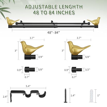 3/4" Diameter Farmhouse Double Window Treatment Curtain Rod, Gold Bird Finials (48"-84", Black Rod) - color: Black with Gold Finial, size: 48"-84"