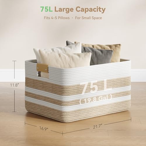Nunsino 75L Blanket Basket with Leather Handles,Laundry Basket,Brown White - color: Brown White, size: 75L