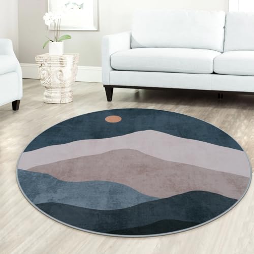 5ft Round Classroom Area Rug, Blue Abstract Mountain Sun Circle Rugs - color: Blue, size: 5' (Round)