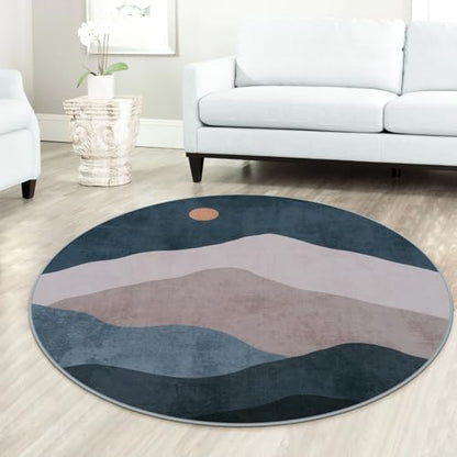 5ft Round Classroom Area Rug, Blue Abstract Mountain Sun Circle Rugs - color: Blue, size: 5' (Round)