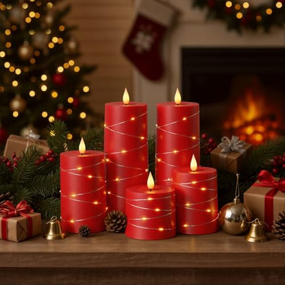 Raycare Red Battery Operated Flameless LED Pillar Candle with Remote Timer - color: 5pcs-Red
