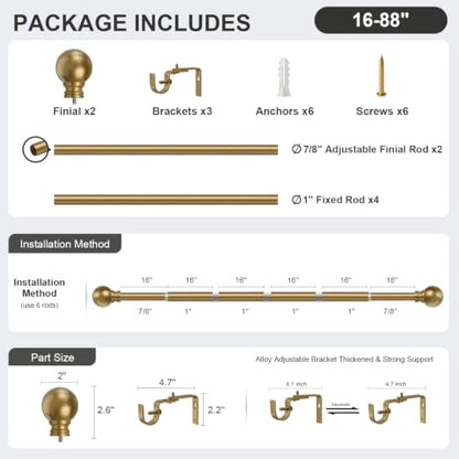 Warm Gold Curtain Rods 16-88 Inch Heavy Duty 1 Inch Diameter - color: Brass, size: 16"-88"|1 Pack