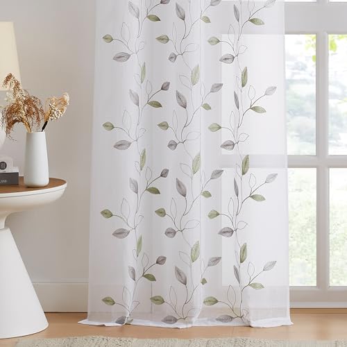 Bujasso Embroidered Leaf Sheer Curtains, Gray Green 38" Wx63 Lx2 - color: Gray Green, size: 38"W x 63"L (Pack of 2)