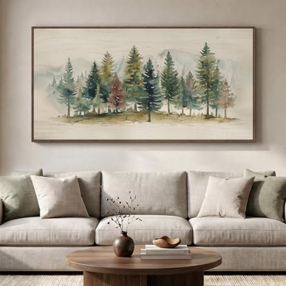 Large Framed Watercolor Pine Tree Forest Wall Art for Living Room, 60x30 In - color: Beige