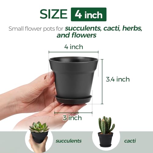 T4U Small Plant Pots 4 Inch 8 Pack, Plastic Indoor Flower Pots Saucer Black - color: Black, size: 4 inch