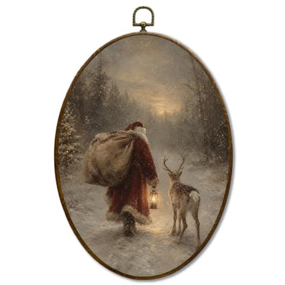 JQF Moody Christmas Santa Claus Reindeer Oval Wall Decor Framed 8.5x11.5 - color: santa-5