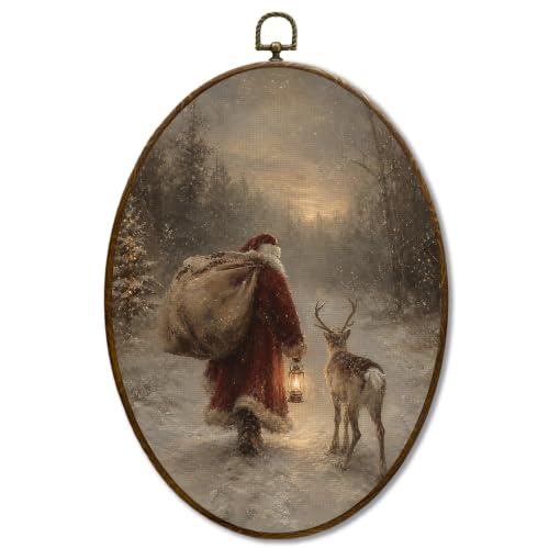 JQF Moody Christmas Santa Claus Reindeer Oval Wall Decor Framed 8.5x11.5 - color: santa-5