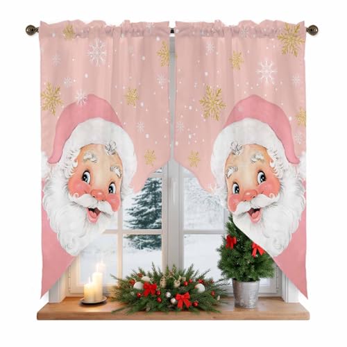 Pink Christmas Swag Valances Santa Claus Kitchen Curtains 36 Inches Length,Funny Xmas Tier Drapes Swag Topper,Winter Snowflakes Short Window Treatments for Small Windows Cafe Bathroom 2 Panels 28"x36" - color: Pink White, size: 28"W x 36"L (Pack of 2)