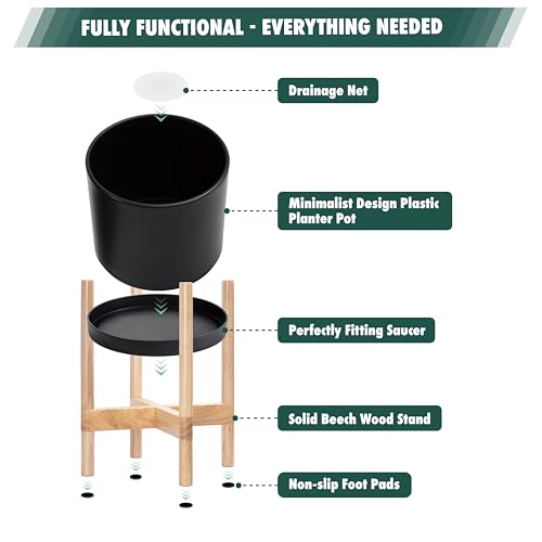 D'vine Dev Plastic Pot with Natural Wood Stand, Black, 12 in, 55-C-P-2 | Mid-Century Inspired Design, Elevated Plant Display, Clean Lines, Sturdy Support, Modern Space-Saving Style - color: Matte Black Pot + Natural Stand, size: 12 Inch