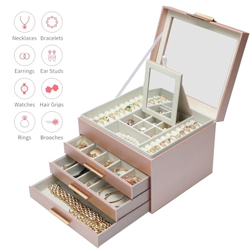 BOOVO Clear Lid Jewelry Box,3 Layers Jewelry Organizer Large Jewelry Storage Box with 2 Drawers,Jewelry Holder Organzier of Rings Earrings Necklace Bracelets for Women (Rose Gold, 4 Layer) - color: Rose Gold, size: 4 Layer